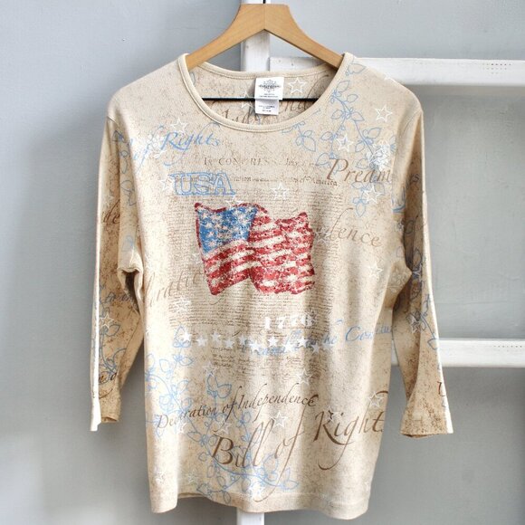 Studio Collection VTG Womens Beige Cotton American Flag USA 1776 Top SZ Medium - Picture 1 of 4